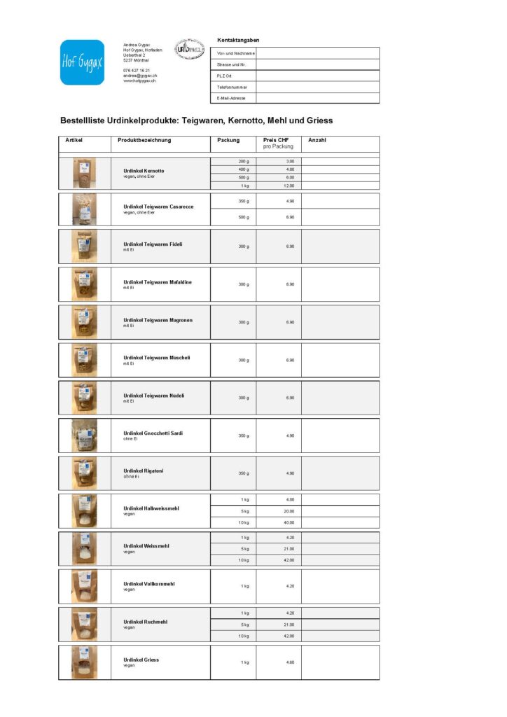 Formular Bestellliste Urdinkelprodukte vom Hof Gygax, Ueberthal 2, Mönthal Aargau